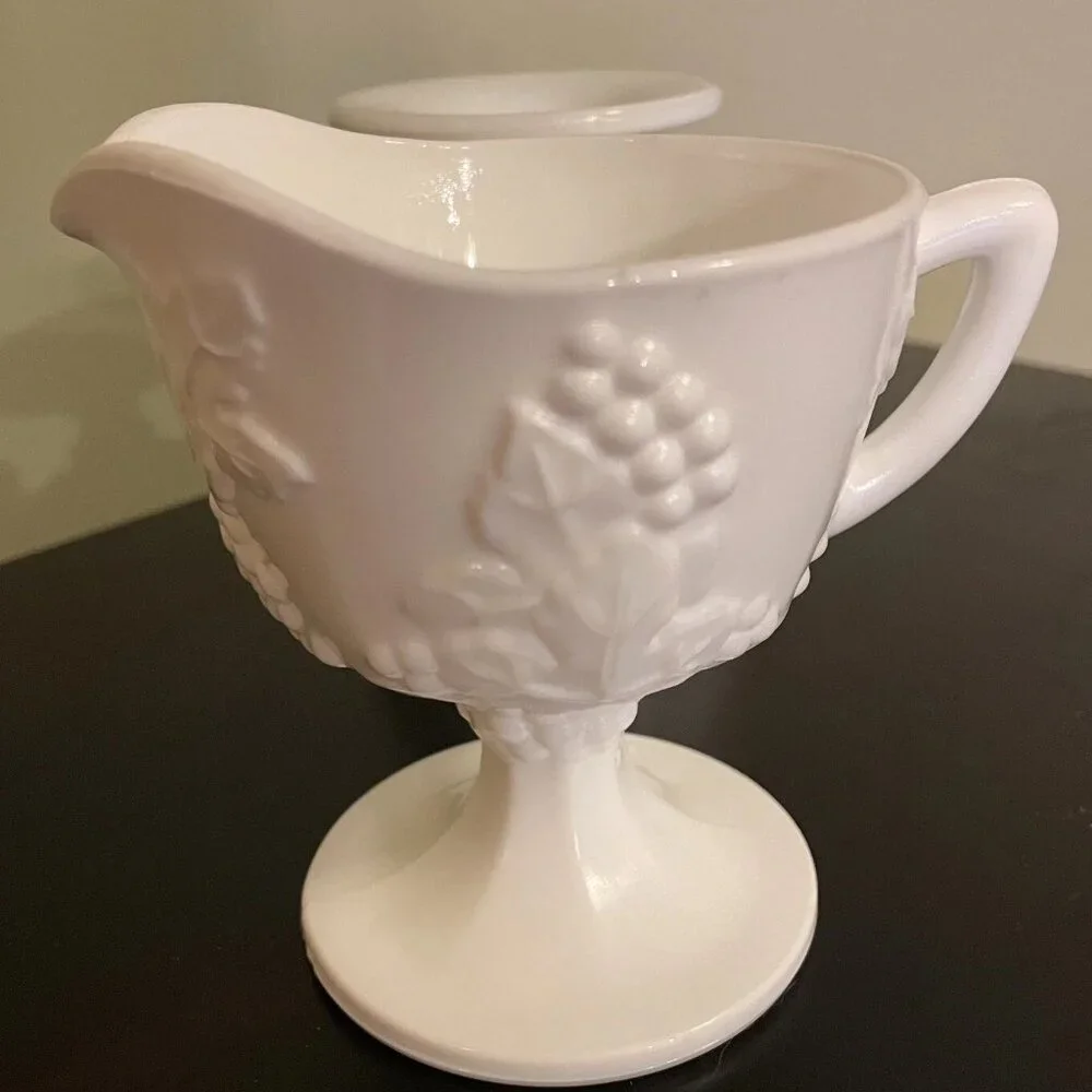 Indiana Milk Glass Colony Harvest Grape Pattern Creamer and Sugar Bowl Set  VTG